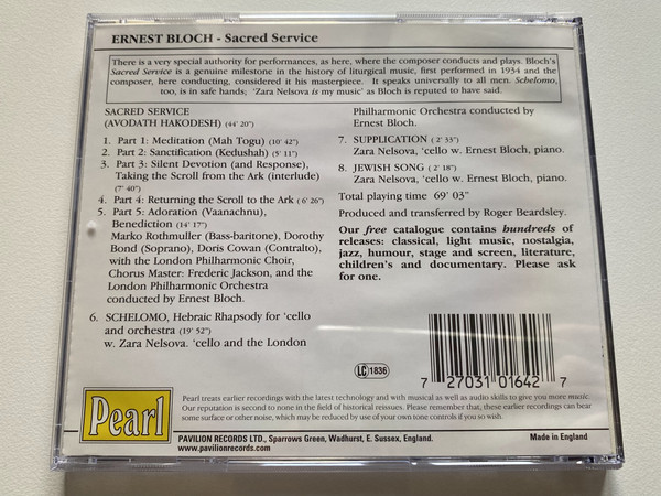 Ernest Bloch - Sacred Service, Schelomo, Supplication, Jewish Song - Zara Nelsova (cello) and London Philharmonic Orchestra / Pearl Audio CD / GEM 0164