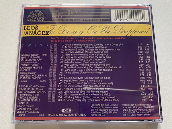 Janáček: The Diary Of One Who Disappeared, Twins - Gedda, Soukupová, Páleníček, Blachut, Štěpánová, Páleníček / Supraphon Audio CD Mono / SU 0022-2 201