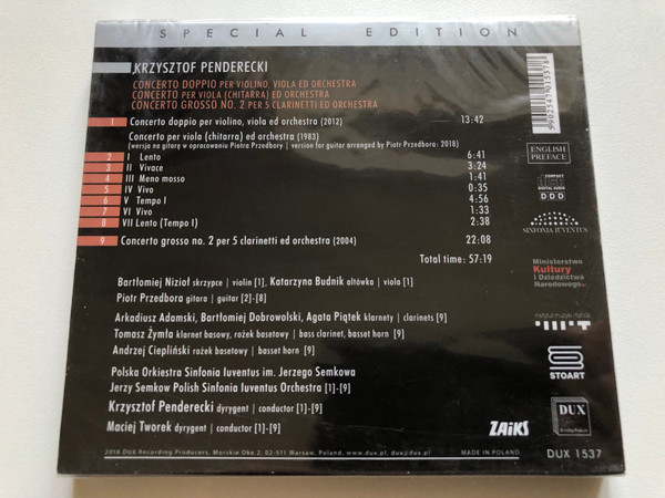 Penderecki - Concerto Doppio; Concert Per Viola (chittara); Concerto Grosso No. 2 - Bartłomiej Nizioł (violin), Katarzyna Budnik (viola), Piotr Przedbora (guitar), Arkadiusz Adamski, Bartłomiej Dobrowolski / DUX Recording Audio CD 2018 / DUX 1537