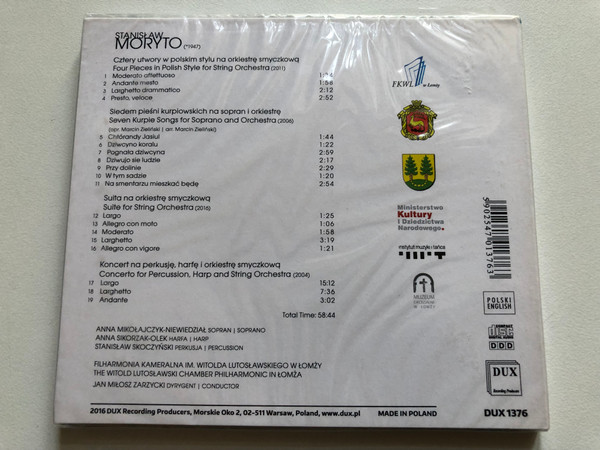 Stanisław Moryto - Anna Mikołajczyk-Niewiedział (soprano), Anna Sikorzak-Olek (harp), Stanisław Skoczyński (percussion), Lomza Chamber Philharmonic, Jan Miłosz Zarzycki (conductor) / DUX Recording Producers Audio CD 2016 / DUX 1376