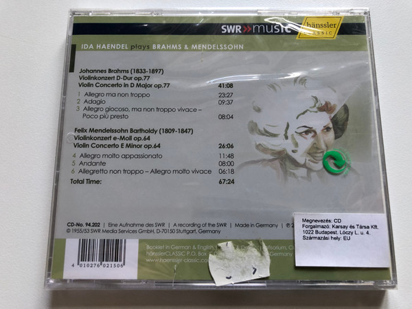 Ida Haendel Plays Brahms & Mendelssohn – Violin Concertos / SWR Music / Hänssler Classic Audio CD 2008 / CD 94.202 