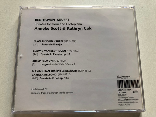 Beethoven, Krufft - Sonatas for Horn and Fortepiano - Anneke Scott & Kathryn Cok / Challenge Classics Audio CD 2011 / CC72515