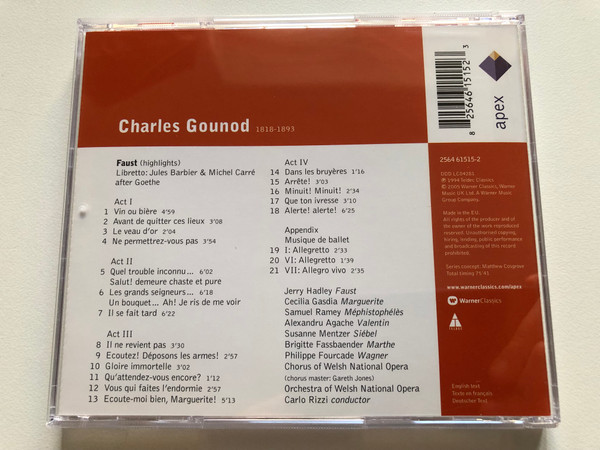 Gounod: Faust (highlights) - Cecilia Gasdia, Jerry Hadley, Samuel Ramey, Alexandru Agache, Orchestra & Chorus of Welsh National Opera, Carlo Rizzi / Warner Classics Audio CD 2005 / 2564 61515-2