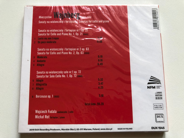 Mieczyslaw Wajnberg: Sonatas for cello and piano - Wojciech Fudala (cello), Michal Rot (piano) / DUX Recording Audio CD 2019 / DUX 1545