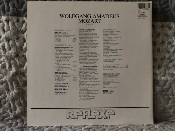 Mozart - Missa Solemnis K.139 "Waisenhausmesse"; Offertorium "Benedictus Sit Deus" K.117 - Schlick, Groenewold, Schafer, Mertens, Kolner Kammerchor, Collegium Cartusianum, Peter Neumann / Reflexe / EMI Digital LP Stereo 1989 / 7 49883 1