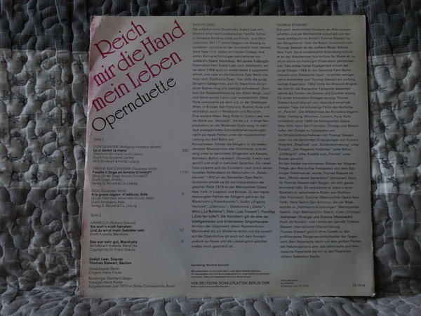 Reich Mir Die Hand, Mein Leben: Opernduette - Evelyn Lear, Thomas Stewart, Staatskapelle Berlin, Heinz Fricke / ETERNA LP Stereo 1976 / 8 26 834