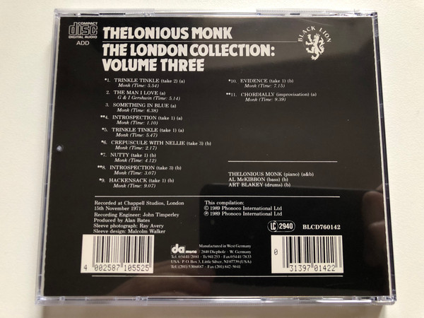 Thelonious Monk – The London Collection: Volume Three / Black Lion Records Audio CD 1989 / BLCD760142