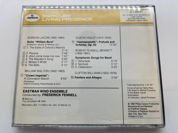 British And American Band Classics: Jacob - Suite: William Byrd; Walton - Crown Imperial: A Coronation March; Holst - Hammersmith: Prelude And Scherzo; Bennett - Symphonic Songs For Band; Williams - Fanfare And Allegro / Mercury Audio CD 1990 / D 125361