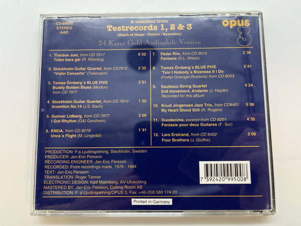 A selection from Testrecords 1, 2 & 3 / 24 Karat Gold Audiophile version / Opus 3 Audio CD Stereo / CD99500