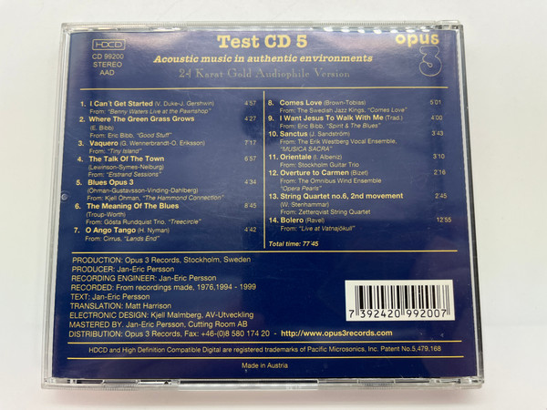 Test CD 5 - ''Depth of Image - Timbre - Dynimaics'' / 24 Karat Gold Audiophile Version / Opus 3 Audio CD Stereo / CD 99200
