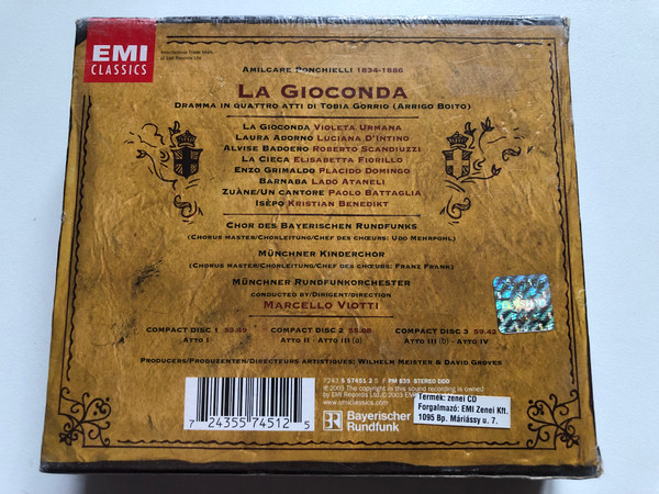 A. Ponchielli: La Gioconda - Violeta Urmana, Placido Domingo, Luciana D'Intino, Elisabetta Fiorillo, lado ataneli, Roberto Scandiuzzi, Chor Des Bayerischen Rundfunks, Münchner Kinderchor / EMI Classics 3x Audio CD, Box Set 2003 Stereo / 724355745125