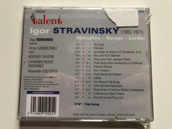 Igor Stravinsky: Songs - Mélodies - Lieder - Olga Romanko / Talent Audio CD 2005 / DOM 2910 505