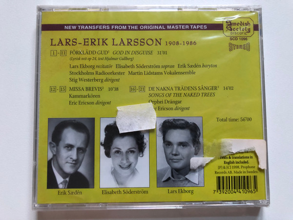 Förklädd Gud - Hjalmar Gullberg, Lars-Erik Larsson / Missa Brevis; De Nakna Trädens Sånger / Swedish Society Discofil Audio CD 1998 / SCD 1096