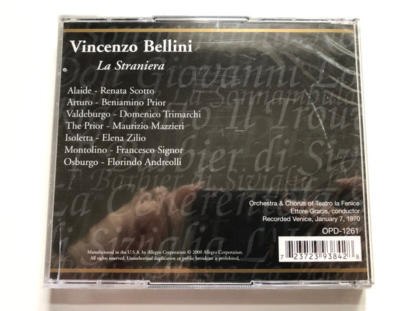 La Straniera: Bellini - Renata Scotto, Beniamino Prior, Domenico Trimarchi / Opera D'Oro 2x Audio CD 2000 / OPD-1261