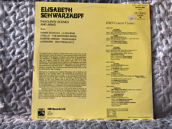 Elisabeth Schwarzkopf: Favourite Scenes And Arias from Gianni Schicchi; La Boheme; Otello; The Bartered Bride; Eugene Onegin; Tannhäuser; Lohengrin; Der Freischutz / HMV Concert Classics / His Master's Voice 2x LP, Stereo / SXDW 3049
