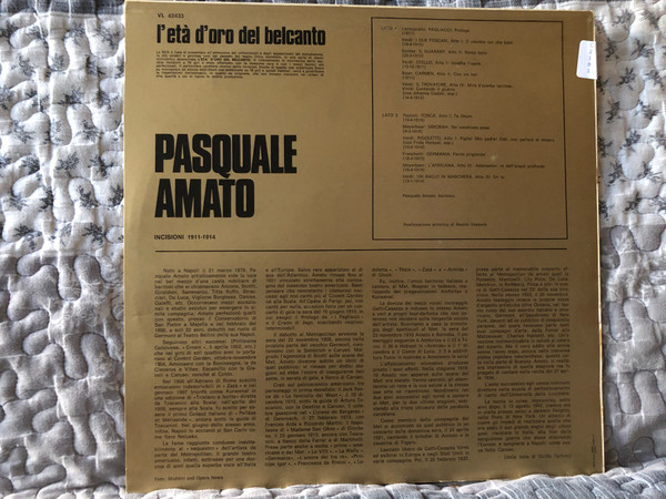 Pasquale Amato - Pagliacci; I Due Foscari; Il Guarany; Otello; Carmen; Il Trovatore; Tosca; Dinorah; Rigoletto; Germania; L'Africana; Un ballo in maschera / RCA LP / VL 42433 