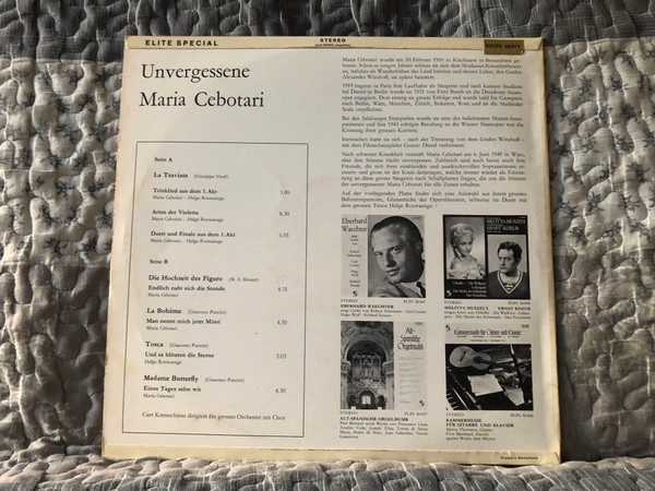 Unvergessene Maria Cebotari / Elite Special LP Stereo / SOLPS 30071