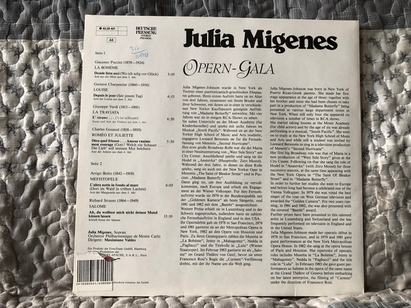 Julia Migenes: Opera Gala - La Boheme; La Traviata; Romeo Et Juliette; Louise; Mefistofele; Salome / Acanta LP / 40.29 401 