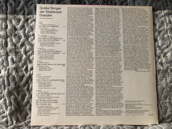 Große Sänger Der Staatsoper Dresden - Margarete Teschemacher, Christel Goltz, Torsten Ralf, Josef Herrmann, Mathieu Ahlersmeyer / ETERNA LP Stereo 1977 / 8 21 872