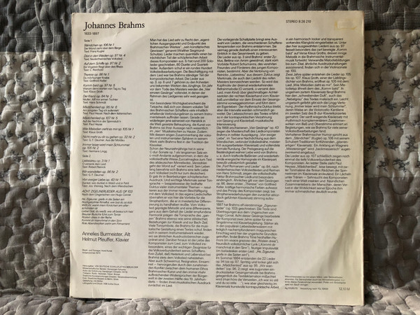 Brahms - Liebeslieder, Zigeunerlieder Op. 103 - Annelies Burmeister (alt), Helmut Pfeuffer (klavier) / ETERNA Edition / ETERNA LP Stereo 1973 / 8 26 210