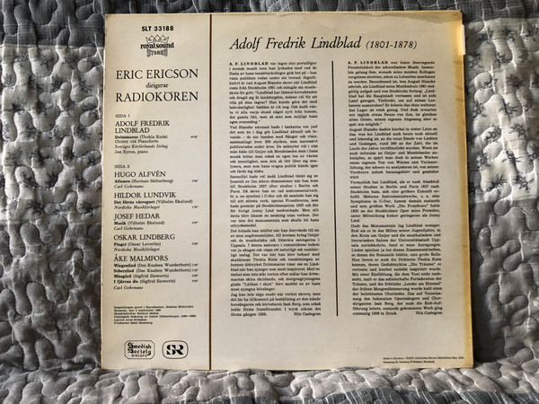 Adolf Fredrik Lindblad: Drömmarne - Radiokören, Eric Ericson, Jan Eyron (piano), Sanger au Alfvén, Lundvik, Hedar, Lindberg och Malmfors / Swedish Society Discofil LP Stereo / SLT 33188