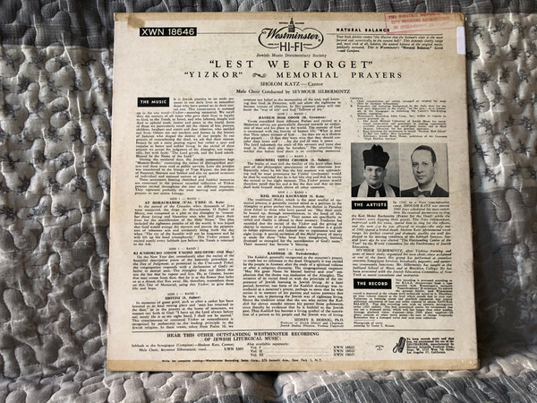 Lest We Forget - ''Yizkor'', Memorials From The Traditional Hebrew Liturgy - Cantor Sholom Katz And Male Choir, Seymour Silbermintz (conductor) / Westminster LP / XWN 18646