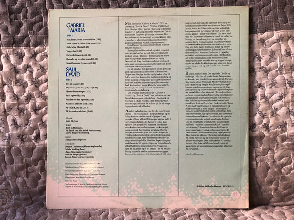 Gabriel Og Maria. Saul Og David. - Sangskolens Pigekor fra Sankt Annae Gymnasium, Dirigent: John Høybye, Keyboards: Jørgen Kaufmann, Guitar: Bjarne Roupé, Bas: Mads Vinding, Trommer: Aage Tanggaard / Edition Wilhelm Hansen LP 1985 / LPWH 115