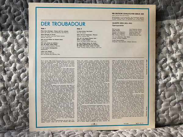 Giuseppe Verdi: Der Troubadour - Melitta Muszely, Sieglinde Wagner, Rudolf Schock, Josef Metternich, Manfred Schmidt / Grosse Oper / ETERNA LP Stereo 1971 / 8 25 135