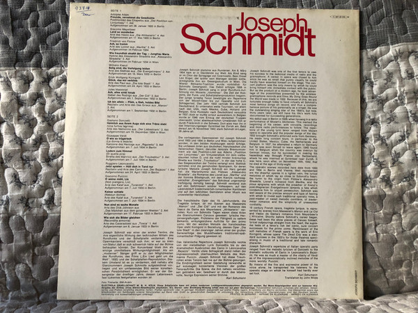 Joseph Schmidt – Arien Aus: Der Postilion von Lonjumeau, Der Evangelimann, Die tote Stadt, Rigoletto, Der Troubadour, Der Bajazzo, Tosca, u. a. / Dacapo LP / 1 C 047-28558 M