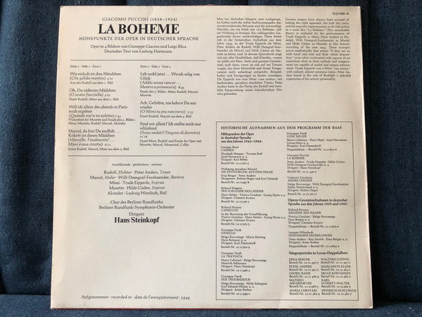 Giacomo Puccini: La Boheme Höhepunkte Der Oper In Deutscher Sprache - Trude Eipperle, Hilde Güden, Peter Anders, Willi Domgraf-Fassbaender, Berliner Rundfunk-Symphonie-Orchester, Dirigent: Hanns Steinkopf / BASF LP / 10 21496-6