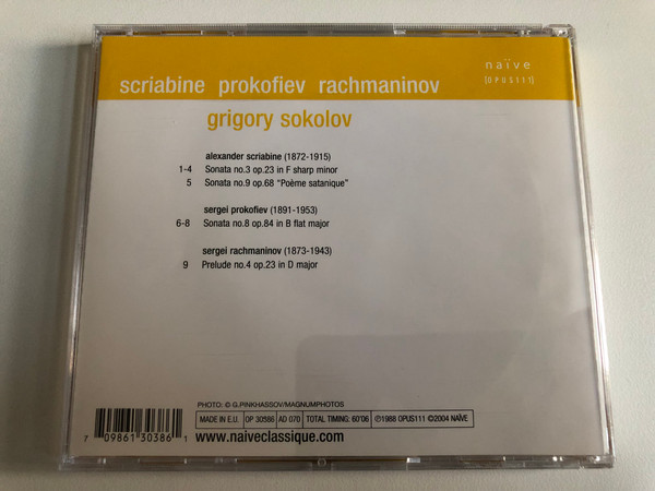 Scriabine Prokofiev Rachmaninov - Grigory Sokolov / Saint Petersbourg 1988 / Opus 111 Audio CD 2004 / OP 30386