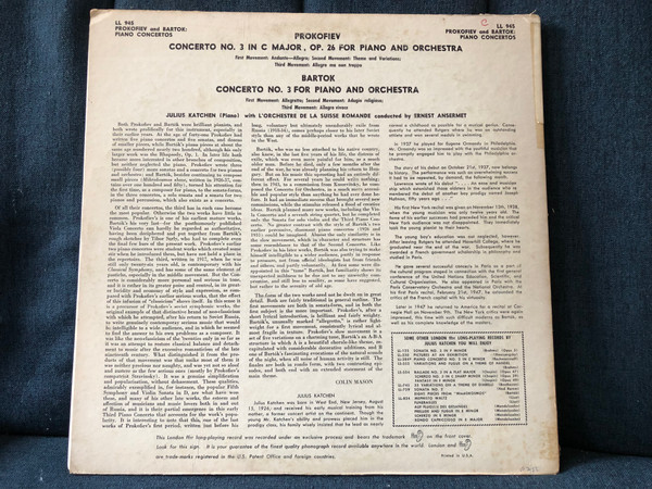 Bartok Concerto No. 3 for Piano and Orchestra, Prokofiev Concerto No. 3 in C Major for Piano and Orchestra - Julius Katchen (piano), with L'Orchestre De La Suisse Romande, conducted by Ernest Ansermet / London Records LP / LL-945Bartok Concerto No. 3 for Piano and Orchestra, Prokofiev Concerto No. 3 in C Major for Piano and Orchestra - Julius Katchen (piano), with L'Orchestre De La Suisse Romande, conducted by Ernest Ansermet / London Records LP / LL-945