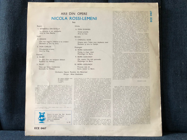 Nicola Rossi-Lemeni (bas) – Arii Din Opere: Bărbierul din Sevilla, Ernani, Don Carlos, Faust, Ivan Susanin, Cneazul Igor, Boris Godunov / Electrecord LP / ECE 0467
