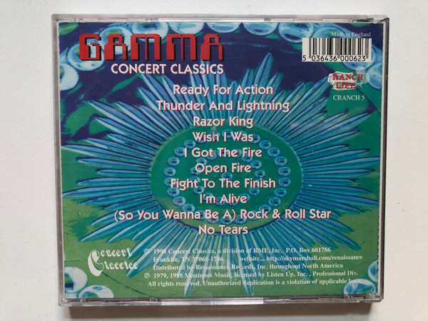 Gamma: Concert Classics - Featuring Ronnie Montrose, Davey Pattison, Denny Carmassi, Glenn Letsch and Jim Alcivar / Ranch Life Audio CD 1998 / CRANCH 5