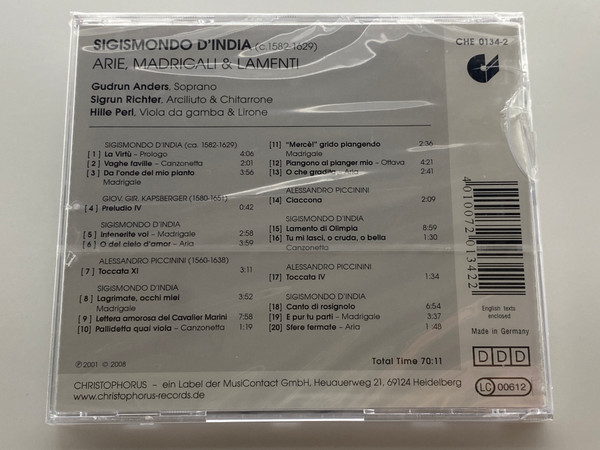 Sigismondo D'India: Arie, Madrigali & Lamenti - Gundula Anders (soprano), Sigrun Richter (chitarrone), Hille Perl (viola da gamba) / Christophorus Audio CD 2008 / CHE 0134-2