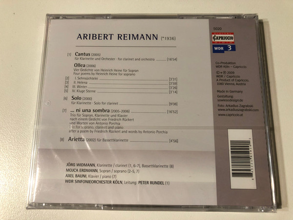 Aribert Reimann: Cantus | Ollea | Arietta | Solo for Clarinet | …Ni Una Sombra (CD) (845221050201)