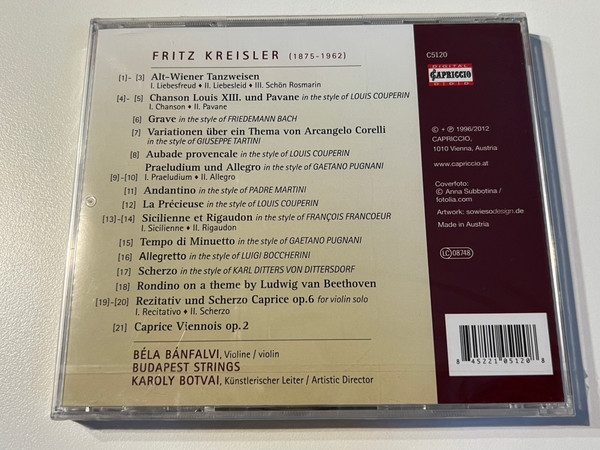 Fritz Kreisler: Liebesfreud, Liebesleid & More — Violin Masterpieces Performed by Béla Bánfalvi and Budapest Strings CD (845221051208)