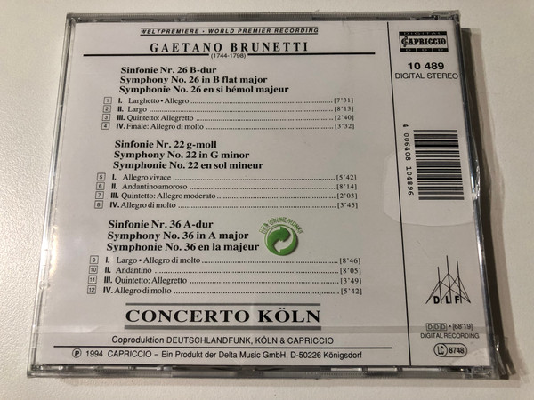 Gaetano Brunetti: Sinfonien Nos. 22, 26, and 36 – Concerto Köln (World Premiere Recording, 2 CD Stereo) (4006408104896)