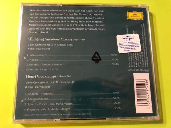 Hilary Hahn – Mozart 5 & Vieuxtemps 4 (Violin Concertos) CD (028947939566)