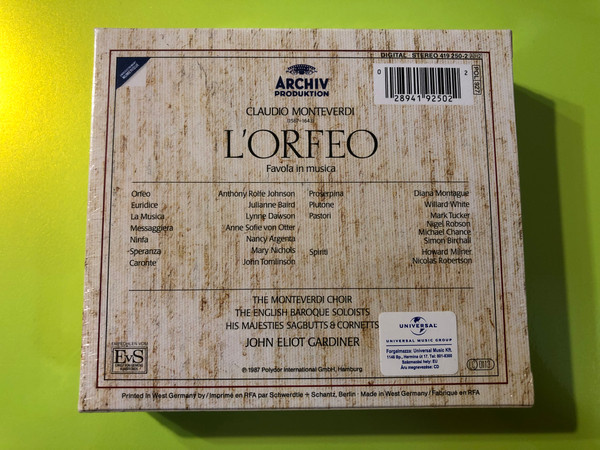 Monteverdi – L’Orfeo (Gardiner, Archiv Produktion) 2 CDs (028941925021)
