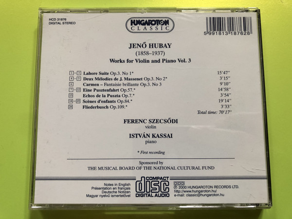 JENŐ HUBAY – Works for Violin and Piano, Vol. 3: The Soul of the Hungarian Violin CD (5991813187628) JENŐ HUBAY – Works for Violin and Piano, Vol. 3: The Soul of the Hungarian Violin CD (5991813187628)