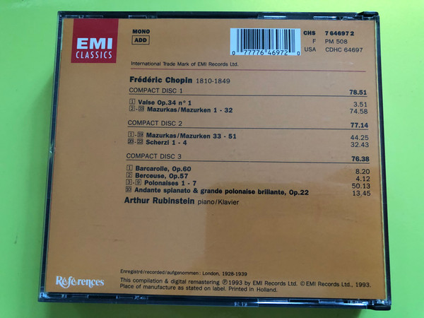 Frédéric Chopin: Mazurkas, Polonaises, Scherzi – Arthur Rubinstein (3CD, EMI Classics References Series) (077776469720)