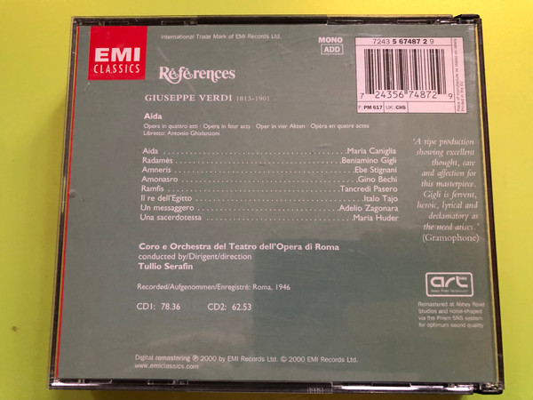 Giuseppe Verdi: Aida – Beniamino Gigli, Caniglia, Stignani, Bechi, Pasero, Tajo – Conducted by Tullio Serafin (2-CD Set) (724356748729)