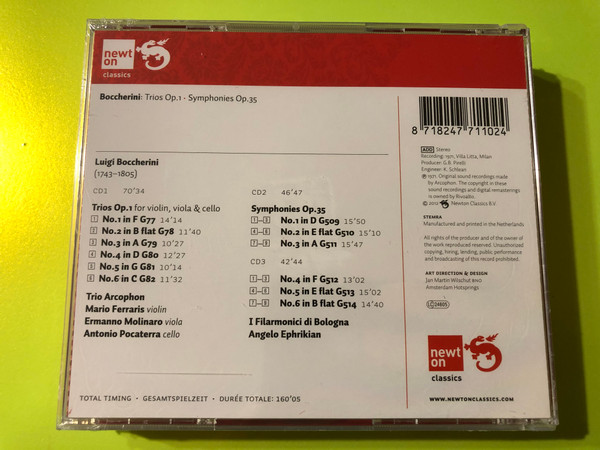 Boccherini: String Trios Op.1 & Symphonies Op.35 – Trio Arcophon / I Filarmonici di Bologna (Newton Classics 3CD Set) (8718247711024)