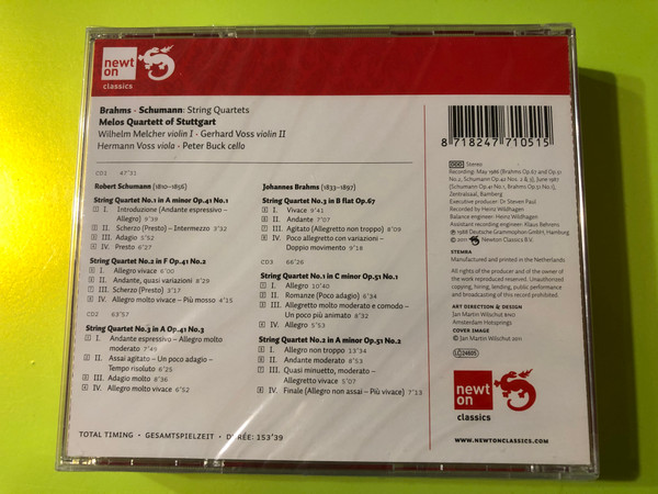 Brahms & Schumann: String Quartets – Melos Quartett Stuttgart (Newton Classics 8802051, 3CD Set) (8718247710515)