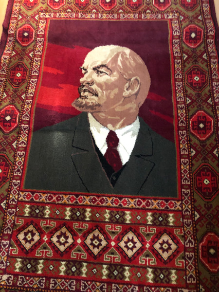 Iconic Vintage Soviet Tapestry: Vladimir Lenin Portrait Rug with Geometric Borders (VladimirLeninRug)