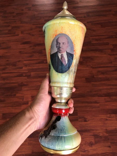 Vintage Soviet Lenin "Sports Trophy" Urn: Porcelain Commemorative Cup (c. 1970) (LeninSportsTrophy)