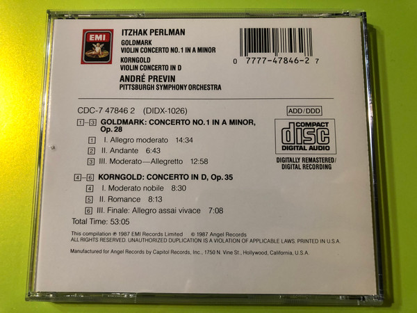 Masterful Romanticism: Itzhak Perlman Performs Goldmark and Korngold CD (077774784627)