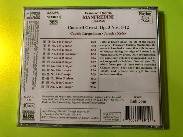 Manfredini: Concerti Grossi, Op. 3 Nos. 1-12 - Naxos (The 18th Century Concerto) CD (730099489126)