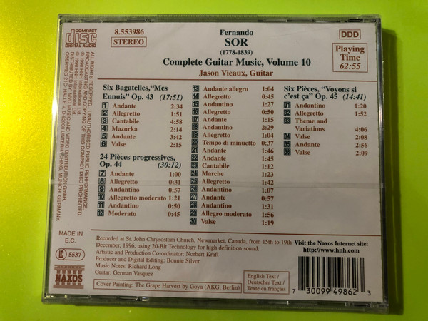 Fernando Sor: Complete Guitar Music Vol. 10 – Jason Vieaux (Naxos) CD (730099498623)